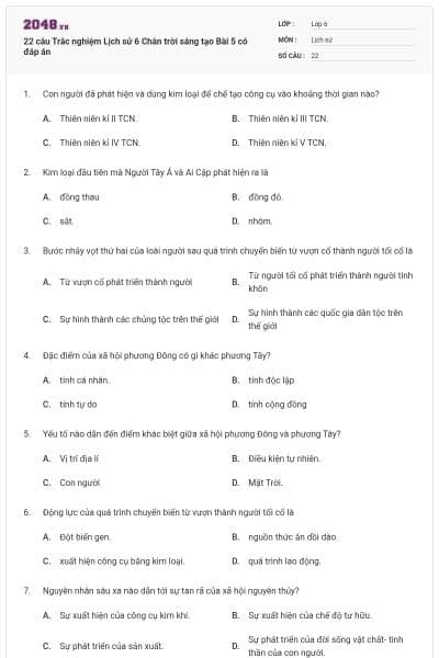 22 câu Trắc nghiệm Lịch sử 6 Chân trời sáng tạo Bài 5 có đáp án