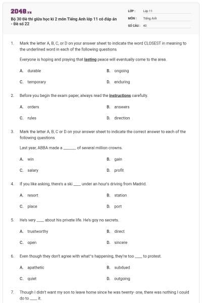 Bộ 30 Đề thi giữa học kì 2 môn Tiếng Anh lớp 11 có đáp án - Đề số 22
