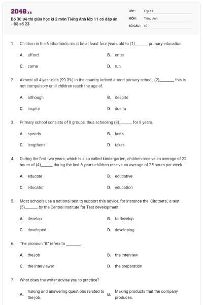 Bộ 30 Đề thi giữa học kì 2 môn Tiếng Anh lớp 11 có đáp án - Đề số 23