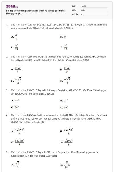 Bài tập Vectơ trong không gian. Quan hệ vuông góc trong không gian (P2)