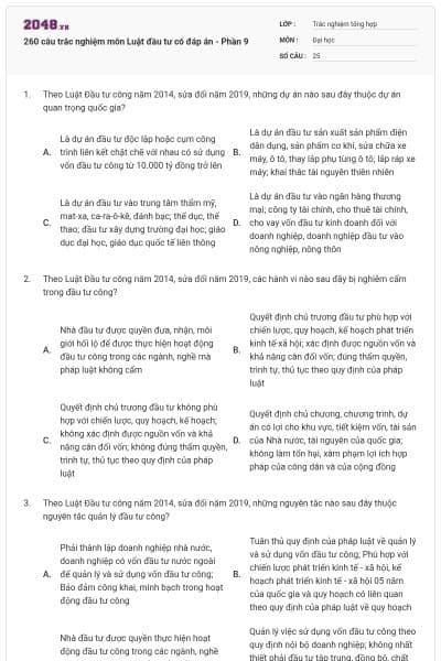 260 câu trắc nghiệm môn Luật đầu tư có đáp án - Phần 9