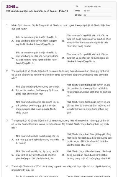 260 câu trắc nghiệm môn Luật đầu tư có đáp án - Phần 10