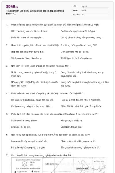Trắc nghiệm Địa lí khu vực và quốc gia có đáp án (thông hiểu - P7)