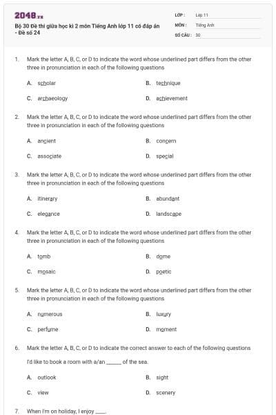 Bộ 30 Đề thi giữa học kì 2 môn Tiếng Anh lớp 11 có đáp án - Đề số 24