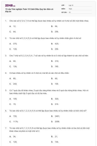 15 câu Trắc nghiệm Toán 10 Cánh Diều Quy tắc đếm có đáp án