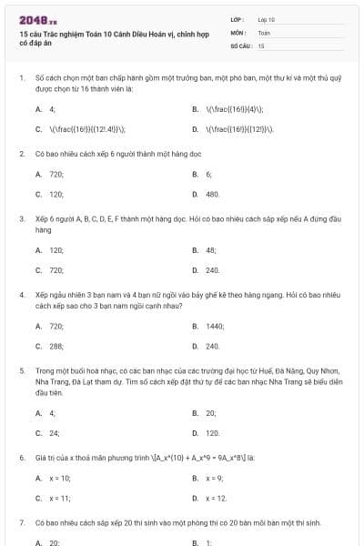 15 câu Trắc nghiệm Toán 10 Cánh Diều Hoán vị, chỉnh hợp có đáp án