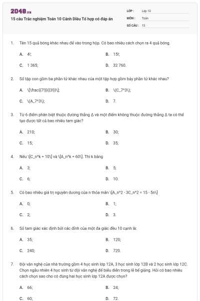 15 câu Trắc nghiệm Toán 10 Cánh Diều Tổ hợp có đáp án