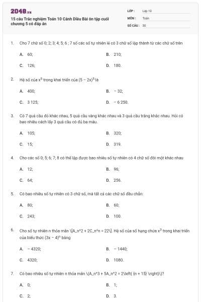 15 câu Trắc nghiệm Toán 10 Cánh Diều Bài ôn tập cuối chương 5 có đáp án