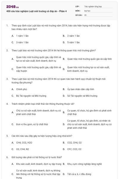 400 câu trắc nghiệm Luật môi trường có đáp án - Phần 4