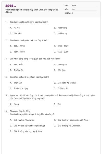 6 câu Trắc nghiệm tác giả Duy Khán Chân trời sáng tạo có đáp án