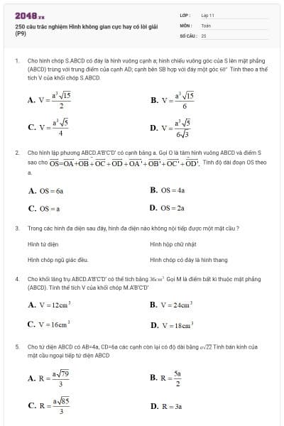 250 câu trắc nghiệm Hình không gian cực hay có lời giải (P9)