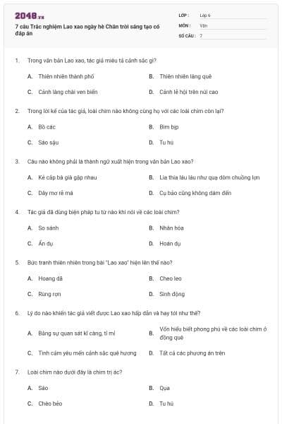 7 câu Trắc nghiệm Lao xao ngày hè Chân trời sáng tạo có đáp án