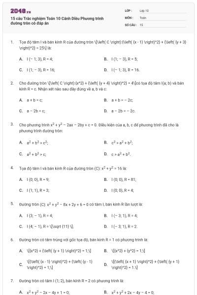 15 câu Trắc nghiệm Toán 10 Cánh Diều Phương trình đường tròn có đáp án