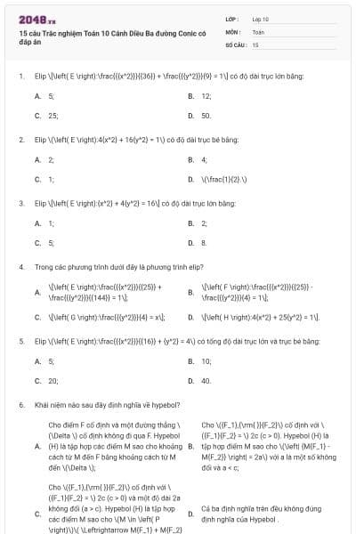 15 câu Trắc nghiệm Toán 10 Cánh Diều Ba đường Conic có đáp án