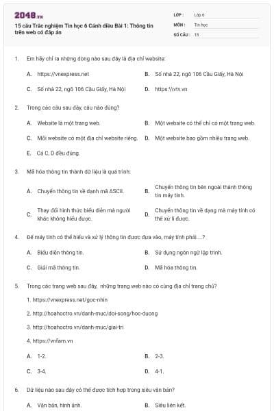 15 câu Trắc nghiệm Tin học 6 Cánh diều Bài 1: Thông tin trên web có đáp án