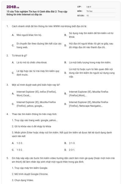 15 câu Trắc nghiệm Tin học 6 Cánh diều Bài 2: Truy cập thông tin trên Internet có đáp án