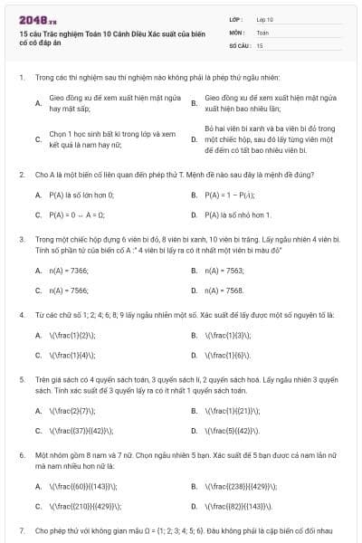 15 câu Trắc nghiệm Toán 10 Cánh Diều Xác suất của biến cố có đáp án