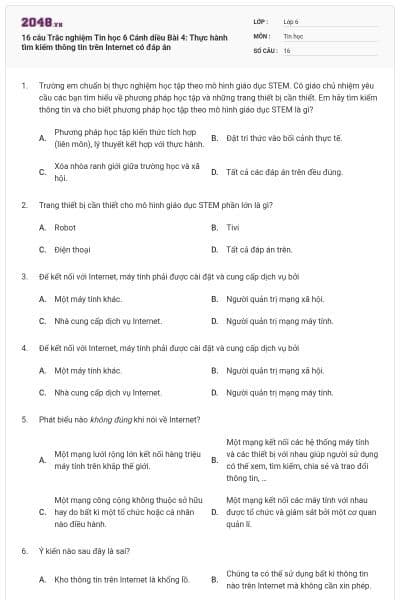 16 câu Trắc nghiệm Tin học 6 Cánh diều Bài 4: Thực hành tìm kiếm thông tin trên Internet có đáp án