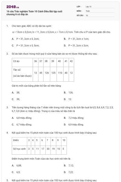 16 câu Trắc nghiệm Toán 10 Cánh Diều Bài tập cuối chương 6 có đáp án