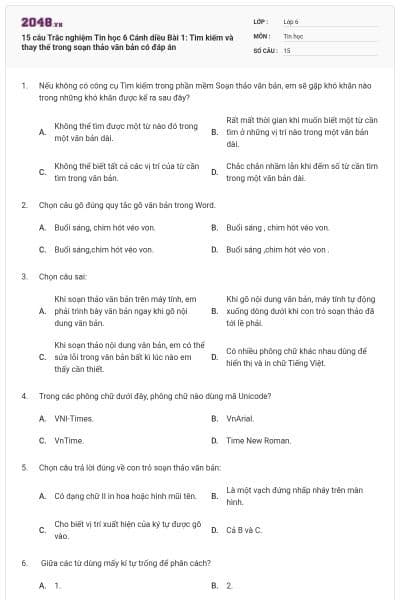 15 câu Trắc nghiệm Tin học 6 Cánh diều Bài 1: Tìm kiếm và thay thế trong soạn thảo văn bản có đáp án