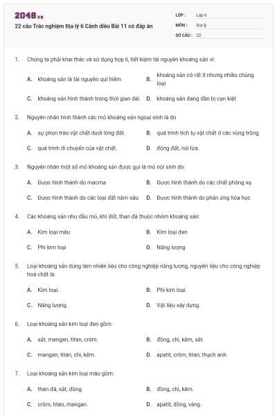 22 câu Trắc nghiệm Địa lý 6 Cánh diều Bài 11 có đáp án