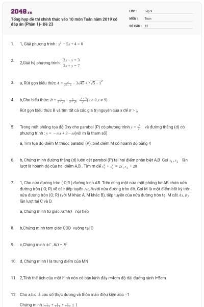 Tổng hợp đề thi chính thức vào 10 môn Toán năm 2019 có đáp án (Phần 1)- Đề 23