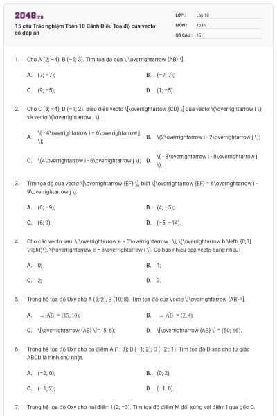 15 câu Trắc nghiệm Toán 10 Cánh Diều Toạ độ của vectơ có đáp án