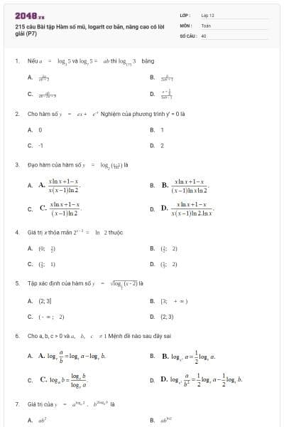 215 câu Bài tập Hàm số mũ, logarit cơ bản, nâng cao có lời giải (P7)