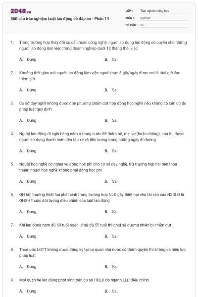 360 câu trắc nghiệm Luật lao động có đáp án - Phần 14