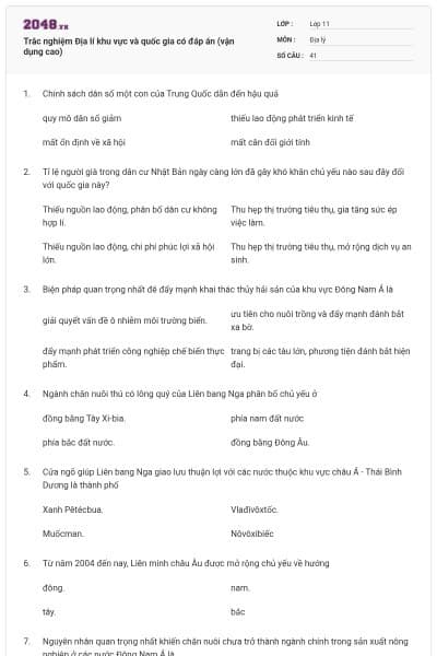 Trắc nghiệm Địa lí khu vực và quốc gia có đáp án (vận dụng cao)