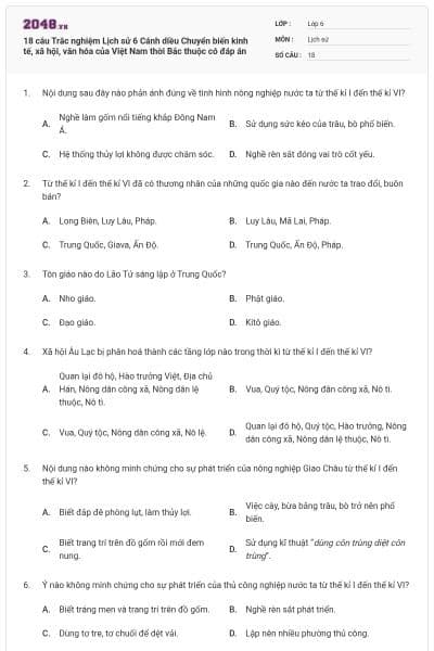 18 câu Trắc nghiệm Lịch sử 6 Cánh diều Chuyển biến kinh tế, xã hội, văn hóa của Việt Nam thời Bắc thuộc có đáp án