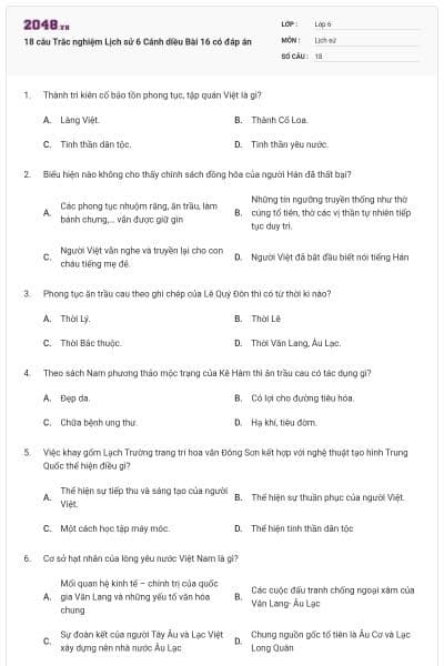18 câu Trắc nghiệm Lịch sử 6 Cánh diều Bài 16 có đáp án