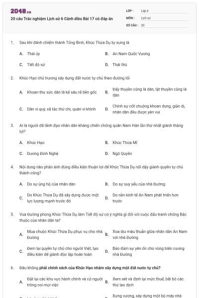 20 câu Trắc nghiệm Lịch sử 6 Cánh diều Bài 17 có đáp án