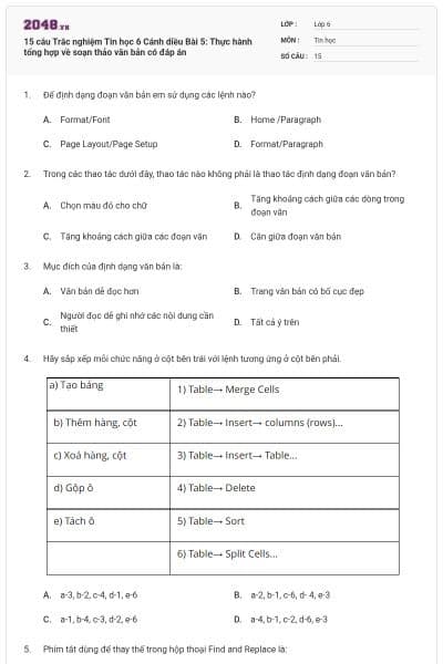 15 câu Trắc nghiệm Tin học 6 Cánh diều Bài 5: Thực hành tổng hợp về soạn thảo văn bản có đáp án