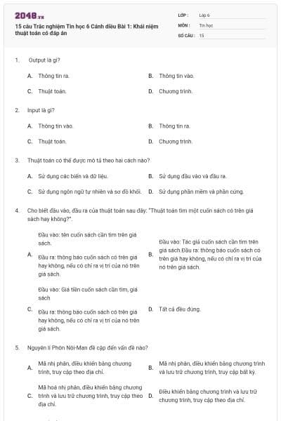 15 câu Trắc nghiệm Tin học 6 Cánh diều Bài 1: Khái niệm thuật toán có đáp án