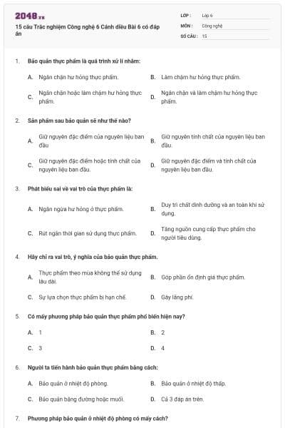 15 câu Trắc nghiệm Công nghệ 6 Cánh diều Bài 6 có đáp án