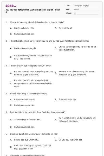 320 câu trắc nghiệm môn Luật hiến pháp có đáp án - Phần 4