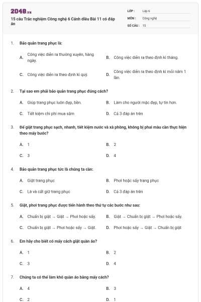 15 câu Trắc nghiệm Công nghệ 6 Cánh diều Bài 11 có đáp án
