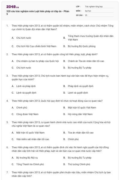 320 câu trắc nghiệm môn Luật hiến pháp có đáp án - Phần 9