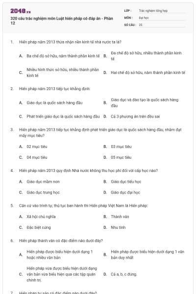 320 câu trắc nghiệm môn Luật hiến pháp có đáp án - Phần 12