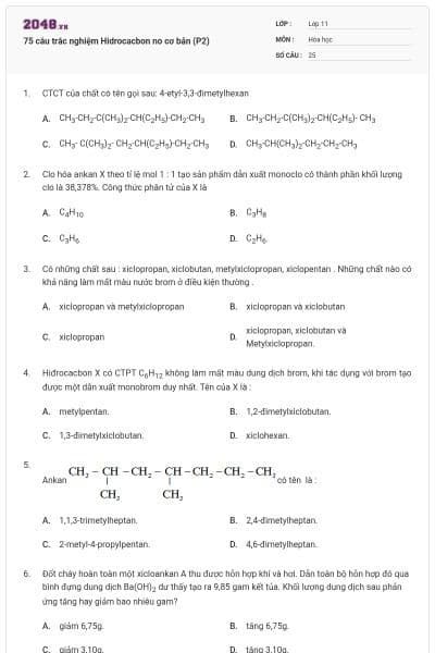 75 câu trắc nghiệm Hidrocacbon no cơ bản (P2)
