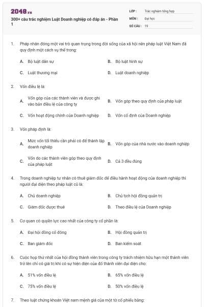 300+ câu trắc nghiệm Luật Doanh nghiệp có đáp án - Phần 1