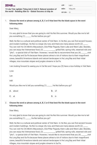 13 câu Trắc nghiệm Tiếng Anh 6 Unit 5: Natural wonders of the world - Reading điền từ - Global Success có đáp án