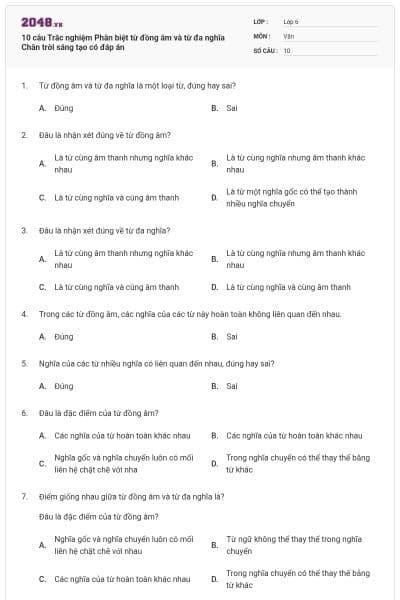 10 câu Trắc nghiệm Phân biệt từ đồng âm và từ đa nghĩa Chân trời sáng tạo có đáp án