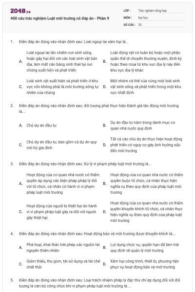 400 câu trắc nghiệm Luật môi trường có đáp án - Phần 9