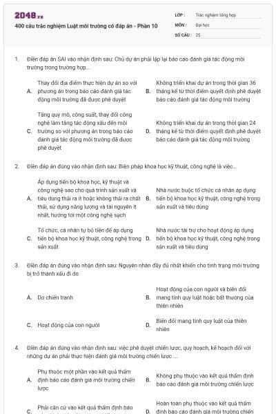 400 câu trắc nghiệm Luật môi trường có đáp án - Phần 10