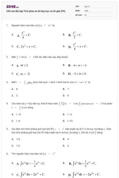 250 câu Bài tập Tích phân ôn thi Đại học có lời giải (P9)