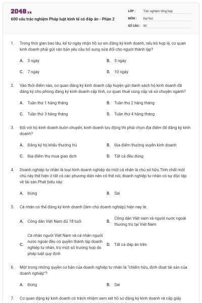 600 câu trắc nghiệm Pháp luật kinh tế có đáp án - Phần 2
