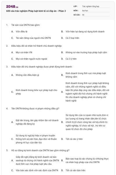 600 câu trắc nghiệm Pháp luật kinh tế có đáp án - Phần 3