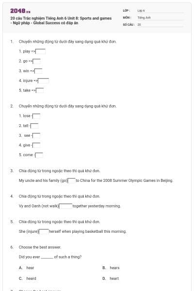 20 câu Trắc nghiệm Tiếng Anh 6 Unit 8: Sports and games - Ngữ pháp - Global Success có đáp án